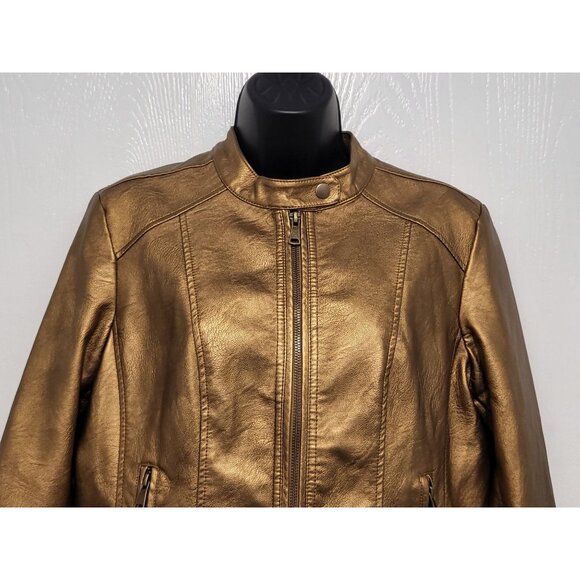 Baccini Metallic Gold Faux Leather Biker Motorcycle Bomber Jacket Women Sz M - Picture 5 of 12